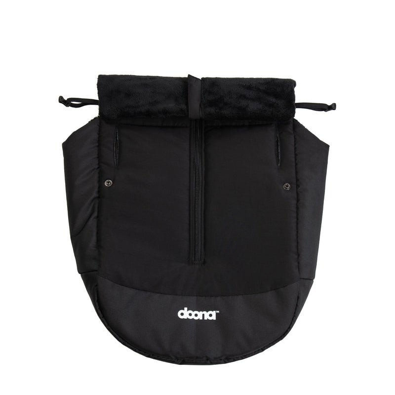 Black Doona winter cover with adjustable collar to keep baby warm while in their stroller.